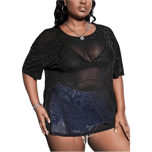 Women's Plus Size Glitter Mesh Tee Short Sleeve See Through Top for Night Out - Picture 3 of 5